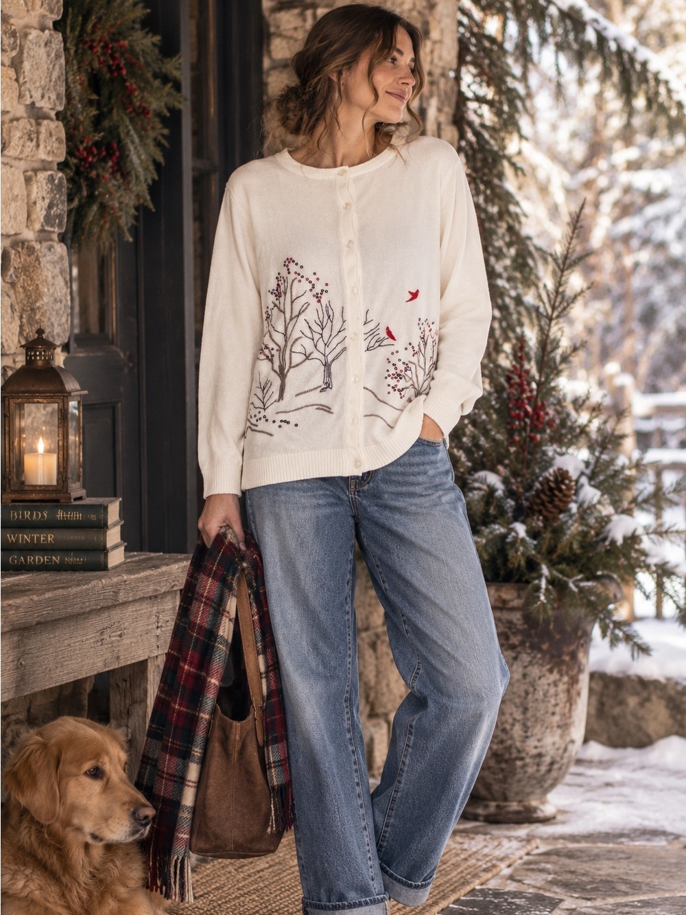 Christopher & Banks Ivory Cardinal Embroidered Sequin Cardigan Size L Cottagecor